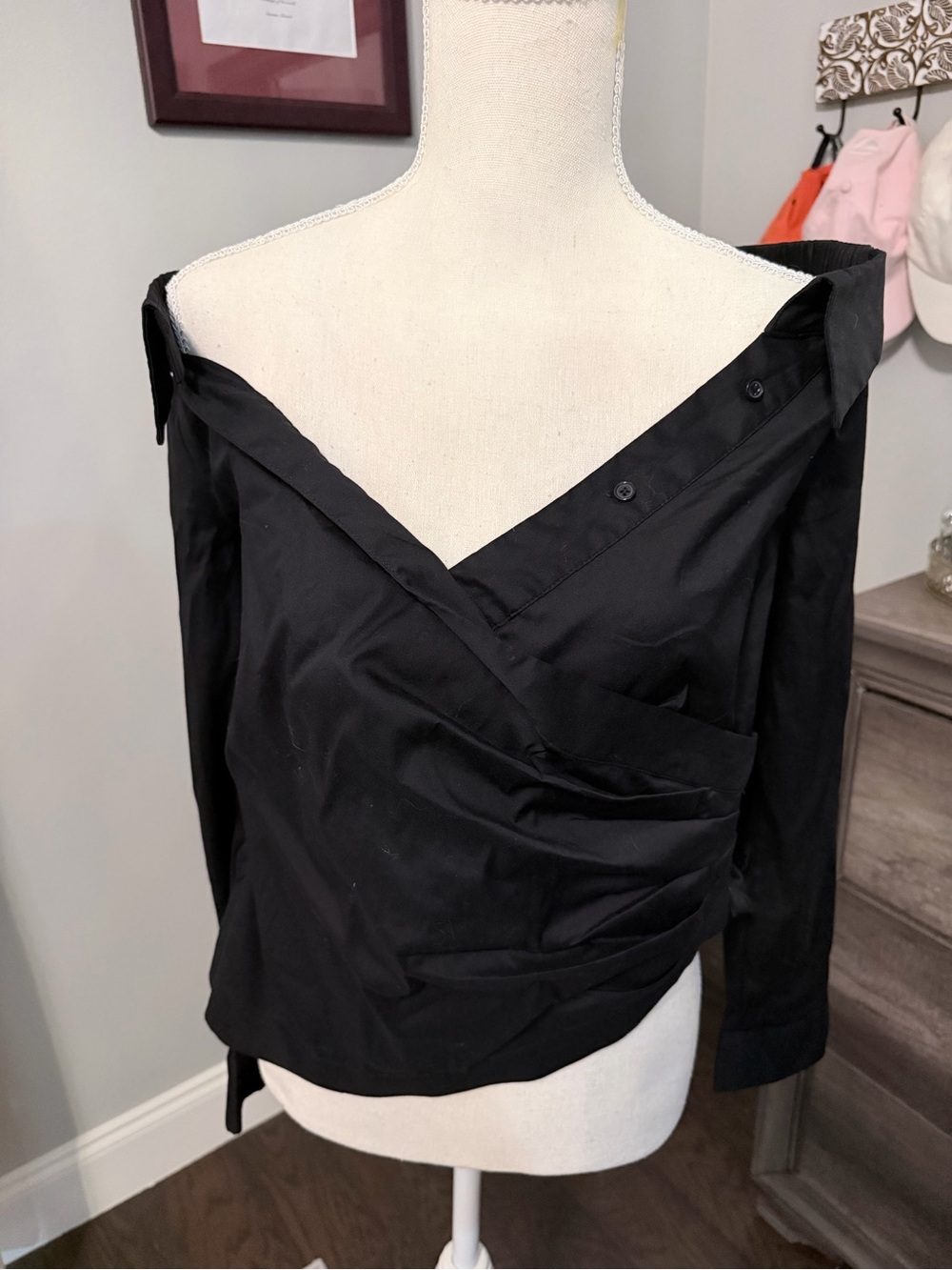 White House Black Market Black Off-Shoulder Wrap Blouse